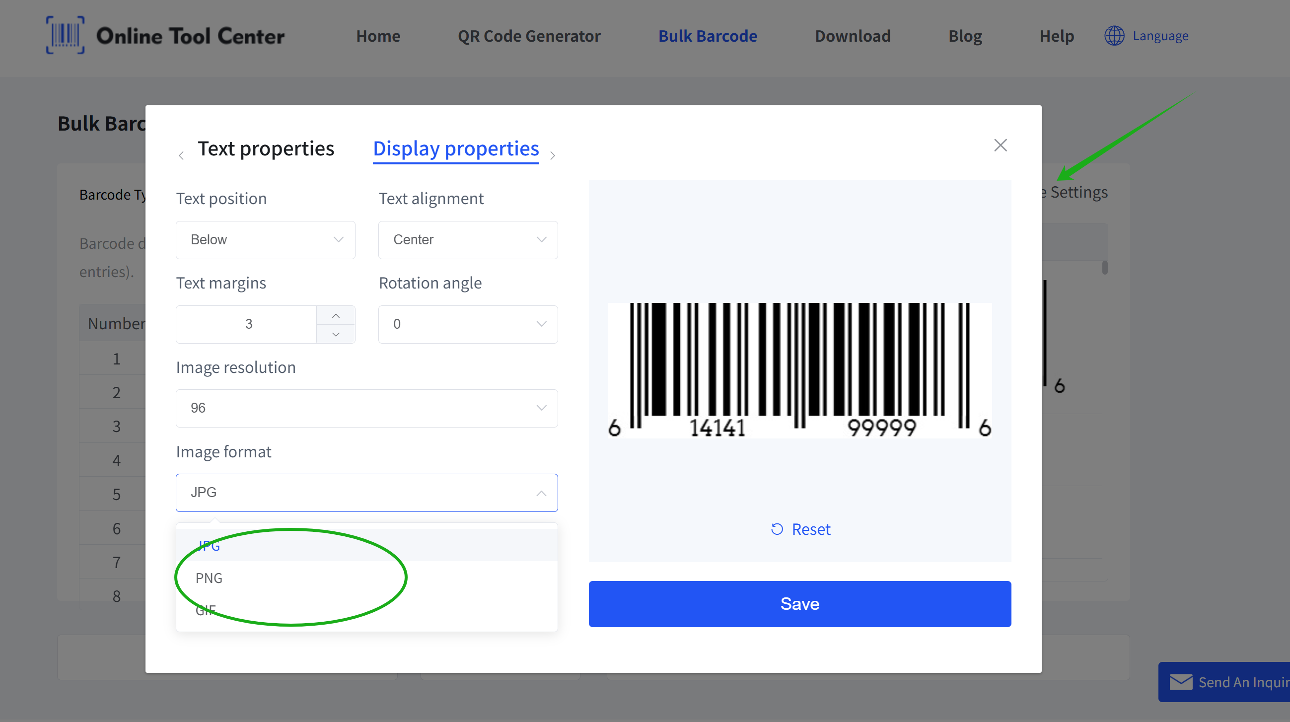 choose barcode image format выбрать формат изображения штрих-кода
